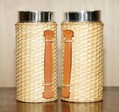 PAIR OF HERMES KELLY WICKER & BROWN LEATHER PiCNIC PITCHER JUGS PART OF SUITE
