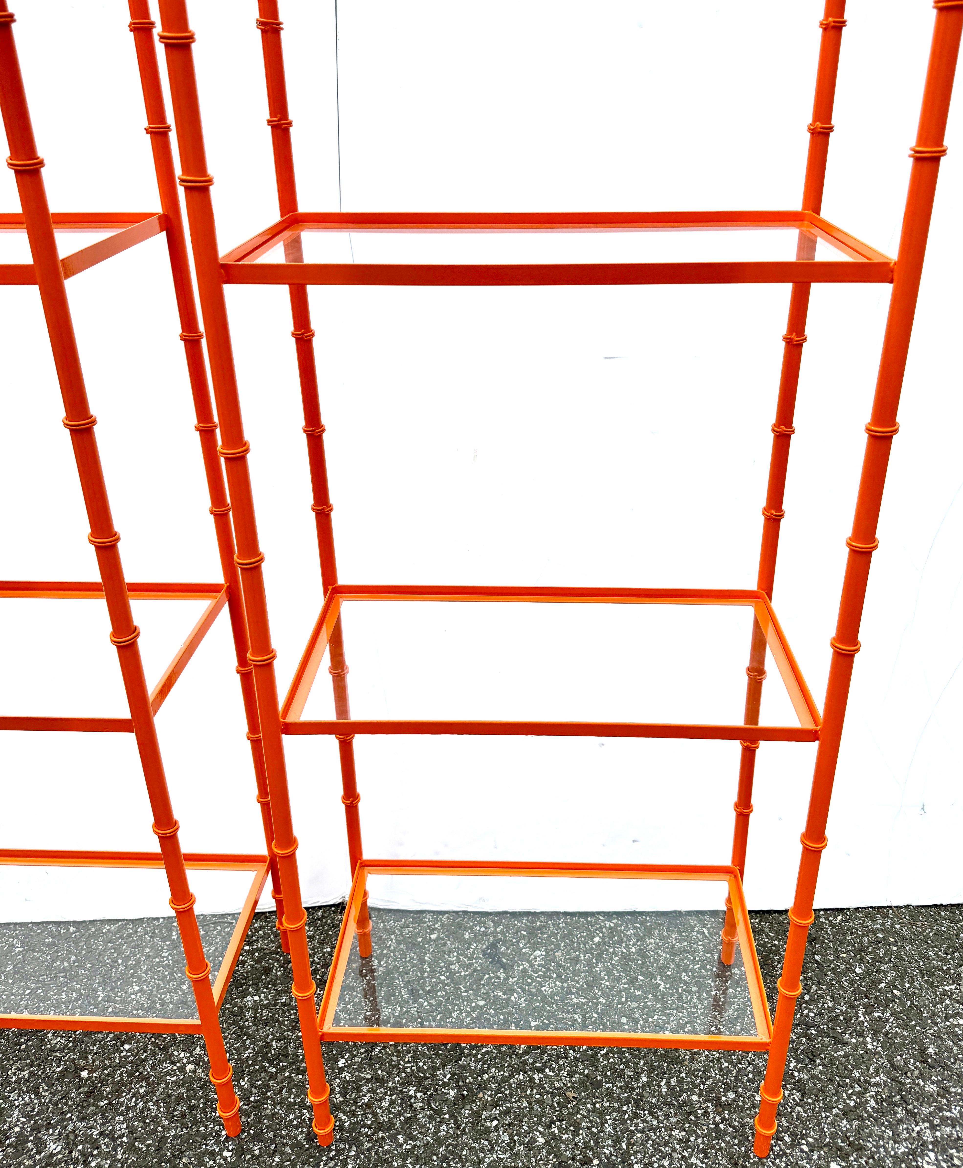 Metal Pair of Hermes Orange Faux Bamboo Etagere Shelves, Mid-Century Modern For Sale