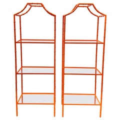 Pair of Hermes Orange Faux Bamboo Etagere Shelves, Mid-Century Modern