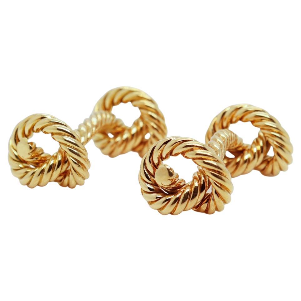 Paire de boutons de manchette Hermes Paris en or 18 carats, corde torsadée / nœud figuratif en vente