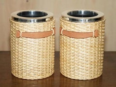 PAIR OF HERMES PARIS KELLY WICKER & BROWN LEATHER PICNIC WiNE COOLERS PART SUITE