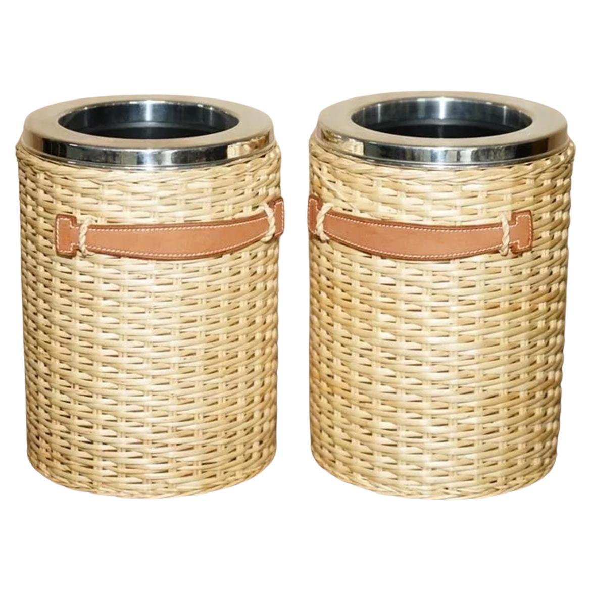 PAIR OF HERMES PARIS KELLY WICKER & BROWN LEATHER PICNIC WiNE COOLERS PART SUITE For Sale