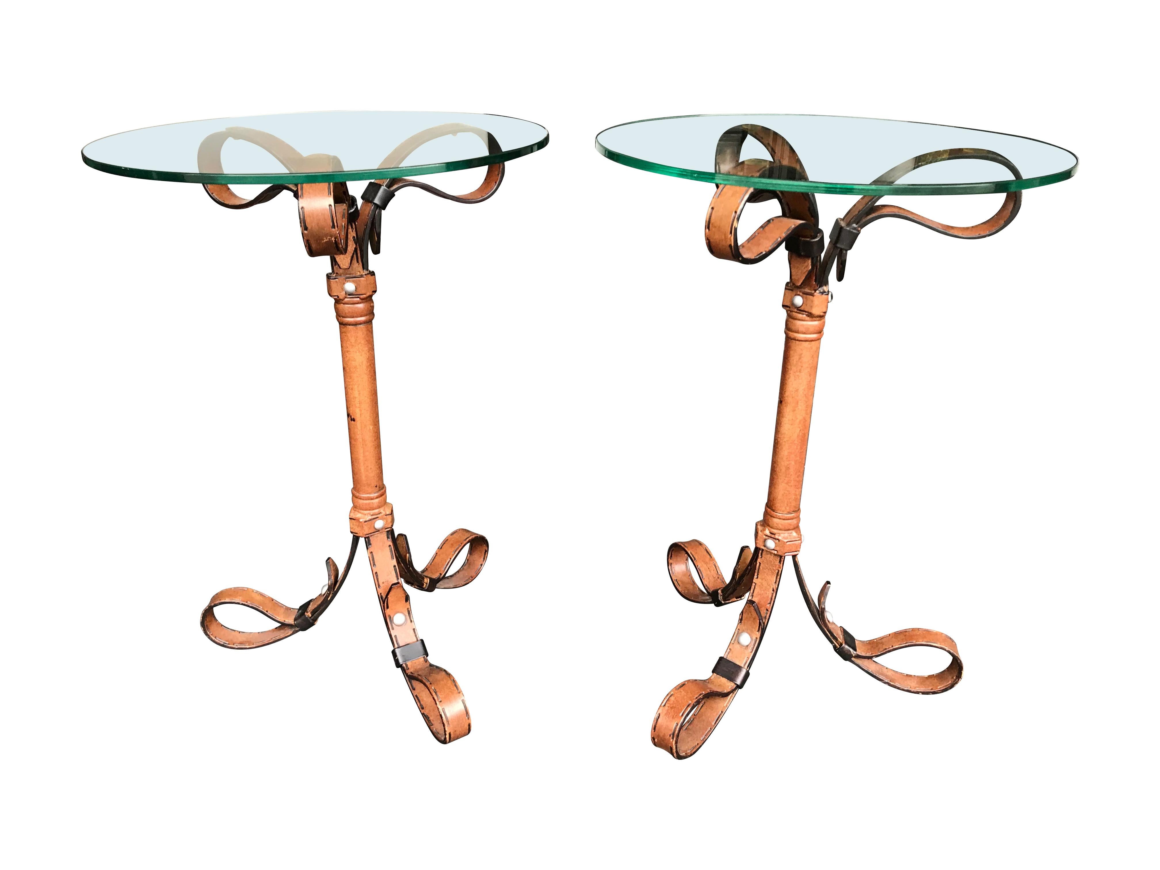 Metal Pair of Hermes Style Faux Leather Strap Side Tables