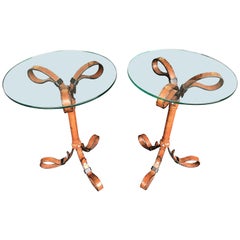 Pair of Hermes Style Faux Leather Strap Side Tables