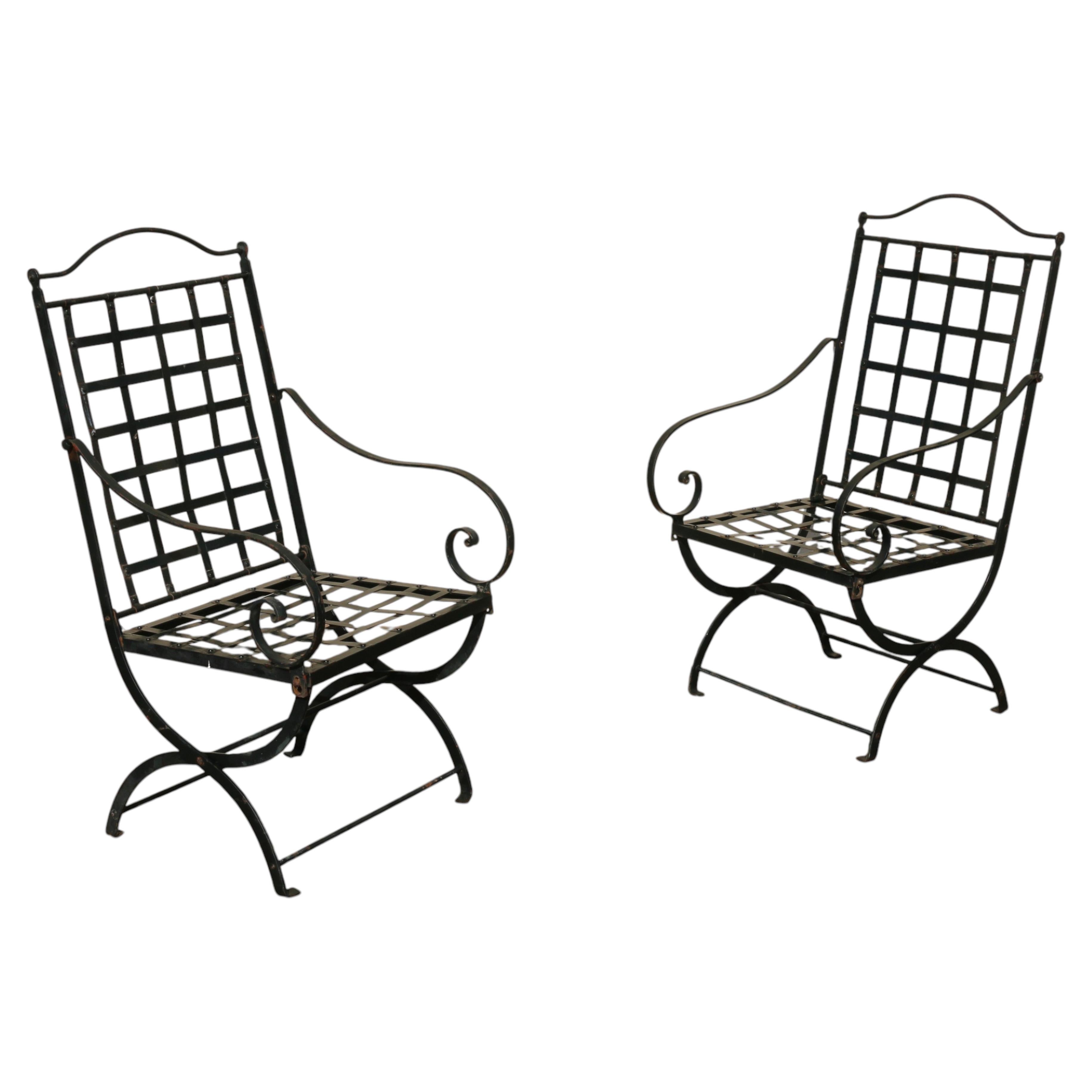 Pair of Hervé Baume French Wrought Iron Folding Patio Chairs Outdoor Chairs