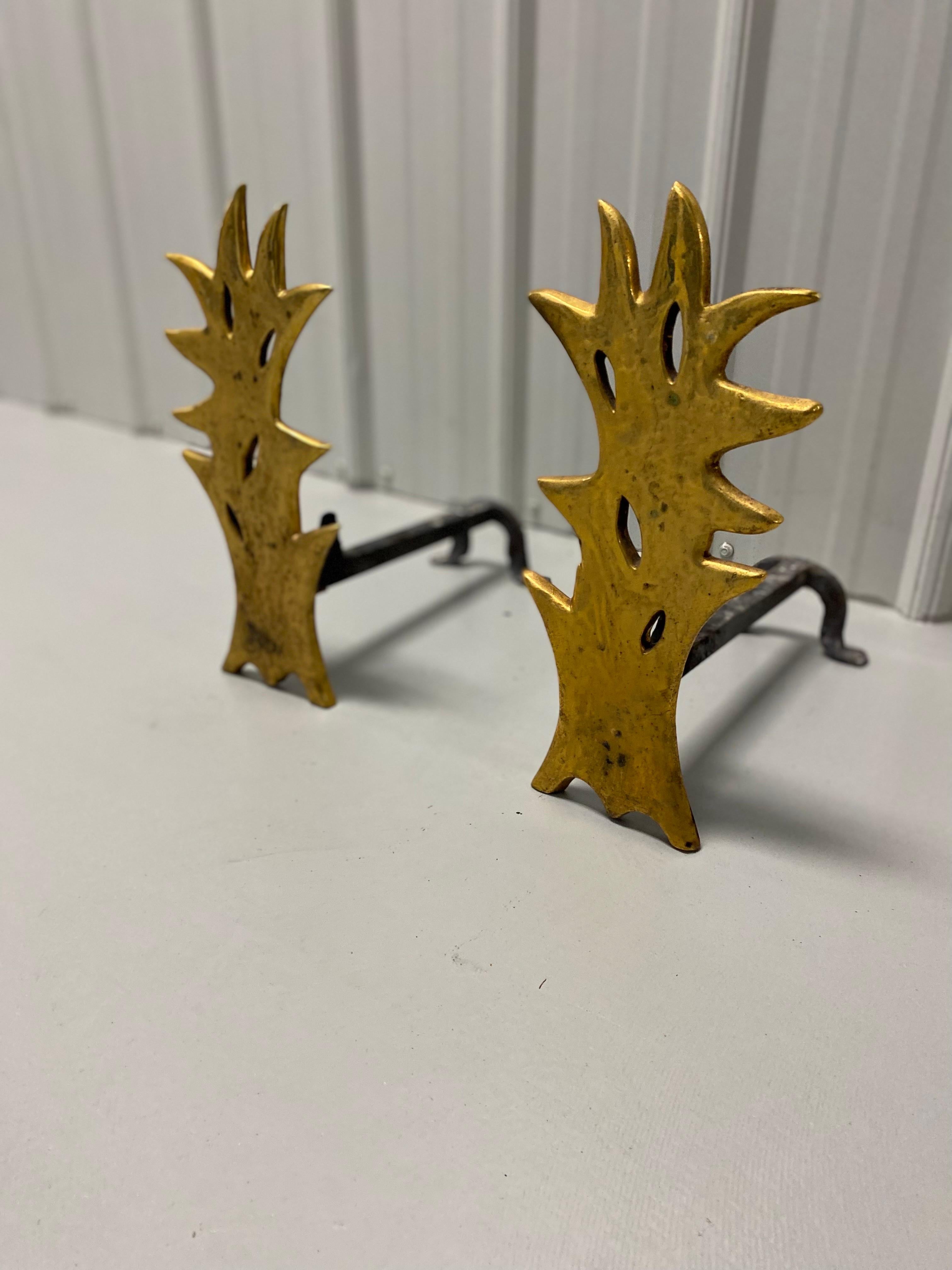 Pair of Herve Van Der Straeten Flame Gilt Bronze Andirons In Good Condition For Sale In Southampton, NY