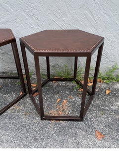 Pair of Hexagon Leather Top Side Tables with Studs