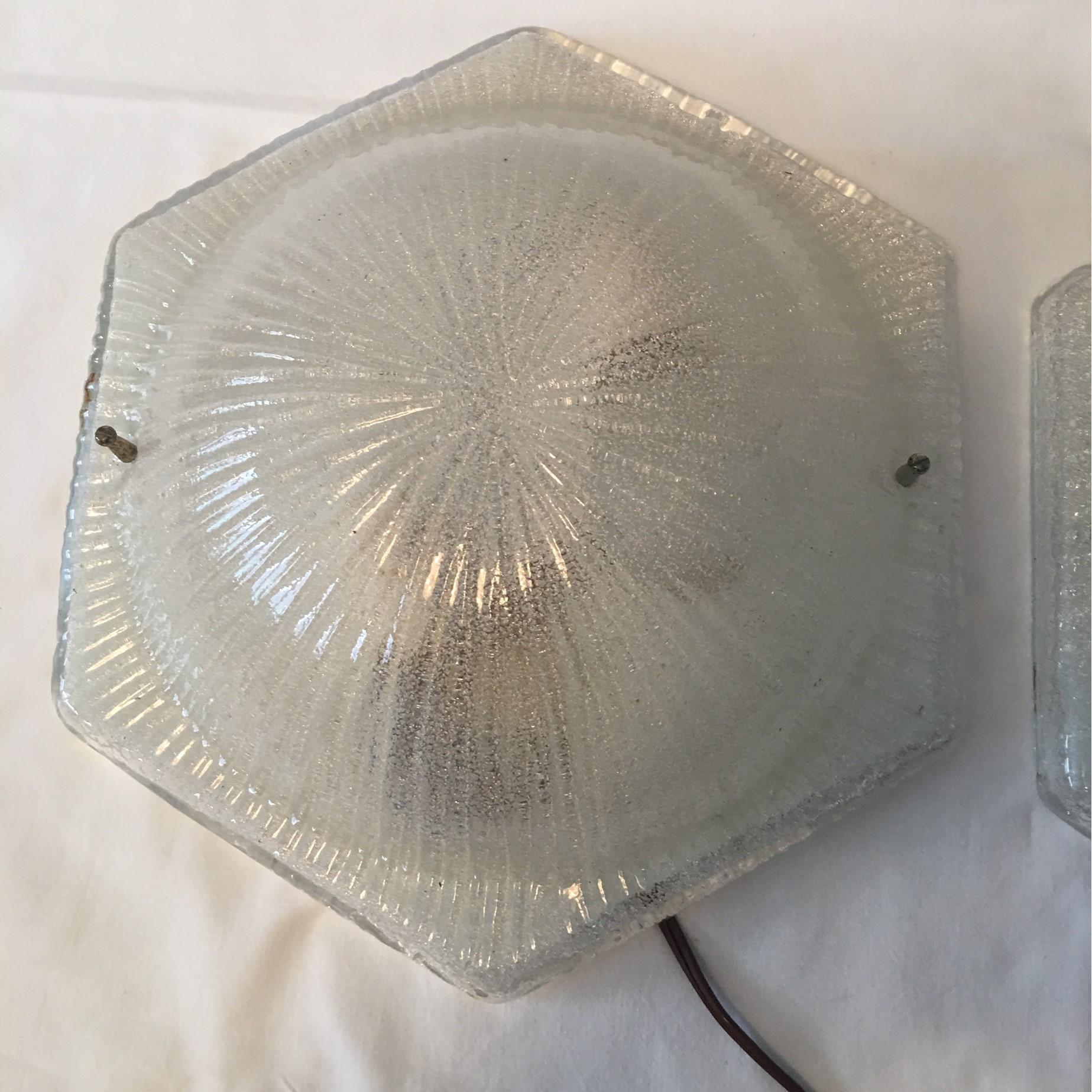 Pair of Hexagon Shaped Domed Italian Glass Flush Mounts / Sconces In Good Condition In Frisco, TX