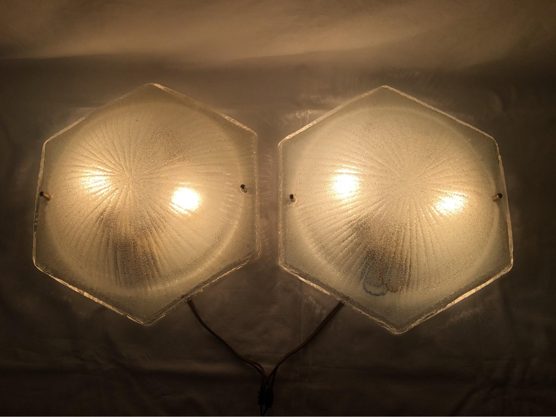 Late 20th Century Pair of Hexagon Shaped Domed Italian Glass Flush Mounts / Sconces