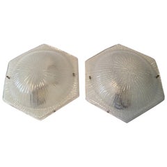 Pair of Hexagon Shaped Domed Italian Glass Flush Mounts / Sconces