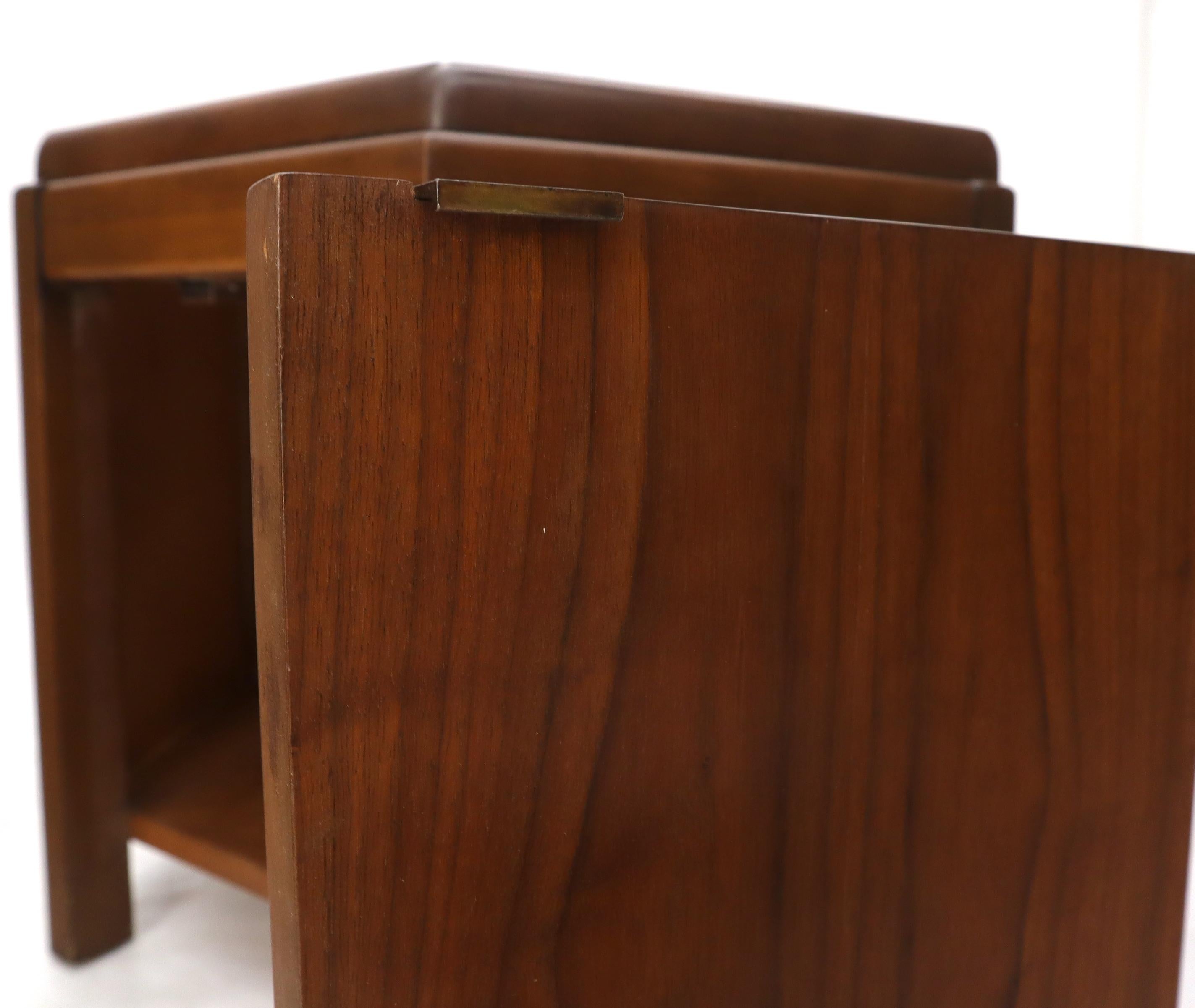 Pair of Hexagon Walnut End Side Tables w/ One Door Cabinets Storage Compartment For Sale 1