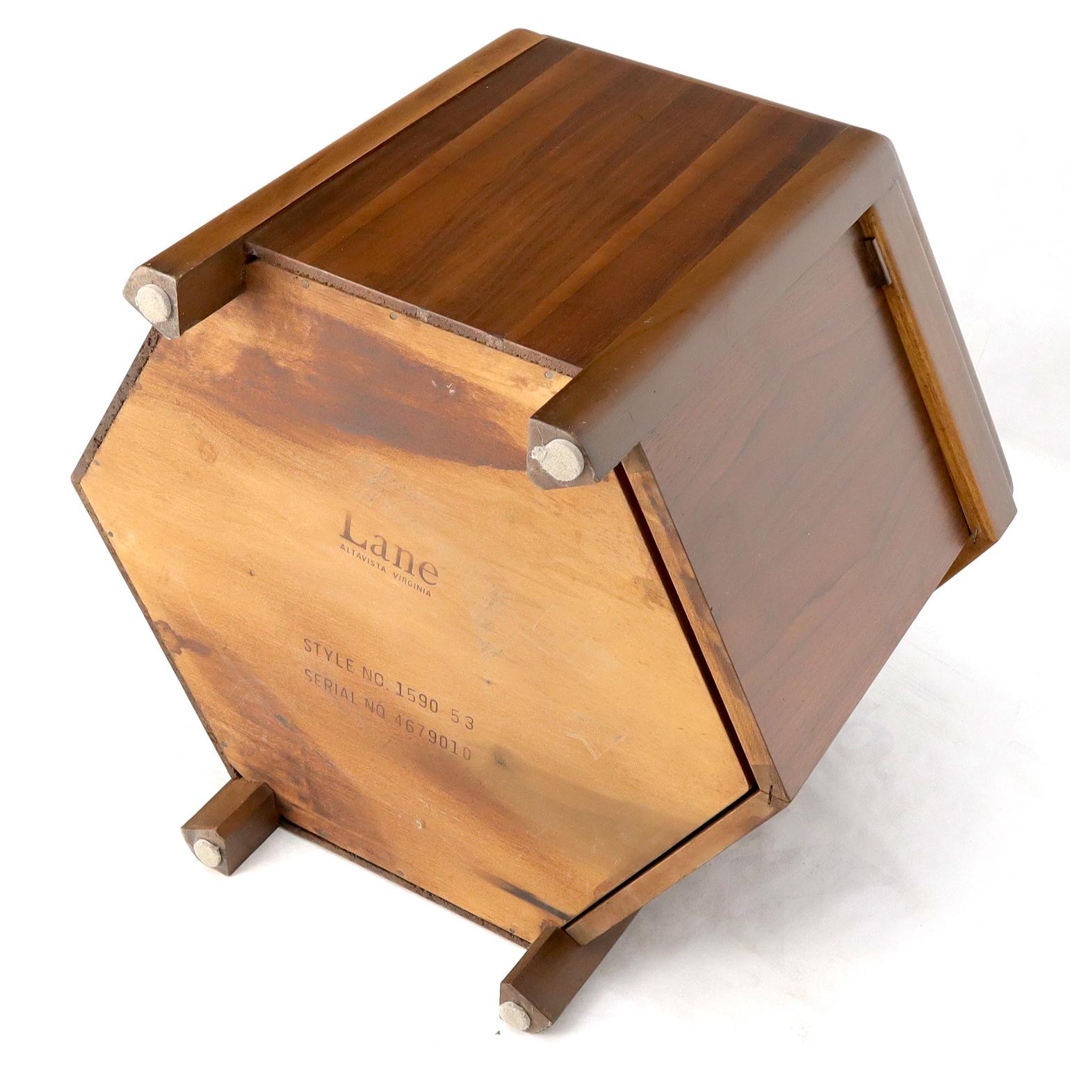 Pair of Hexagon Walnut End Side Tables w/ One Door Cabinets Storage Compartment For Sale 6