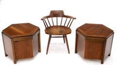 Pair of Hexagon Walnut End Side Tables w/ One Door Cabinets Storage Compartment