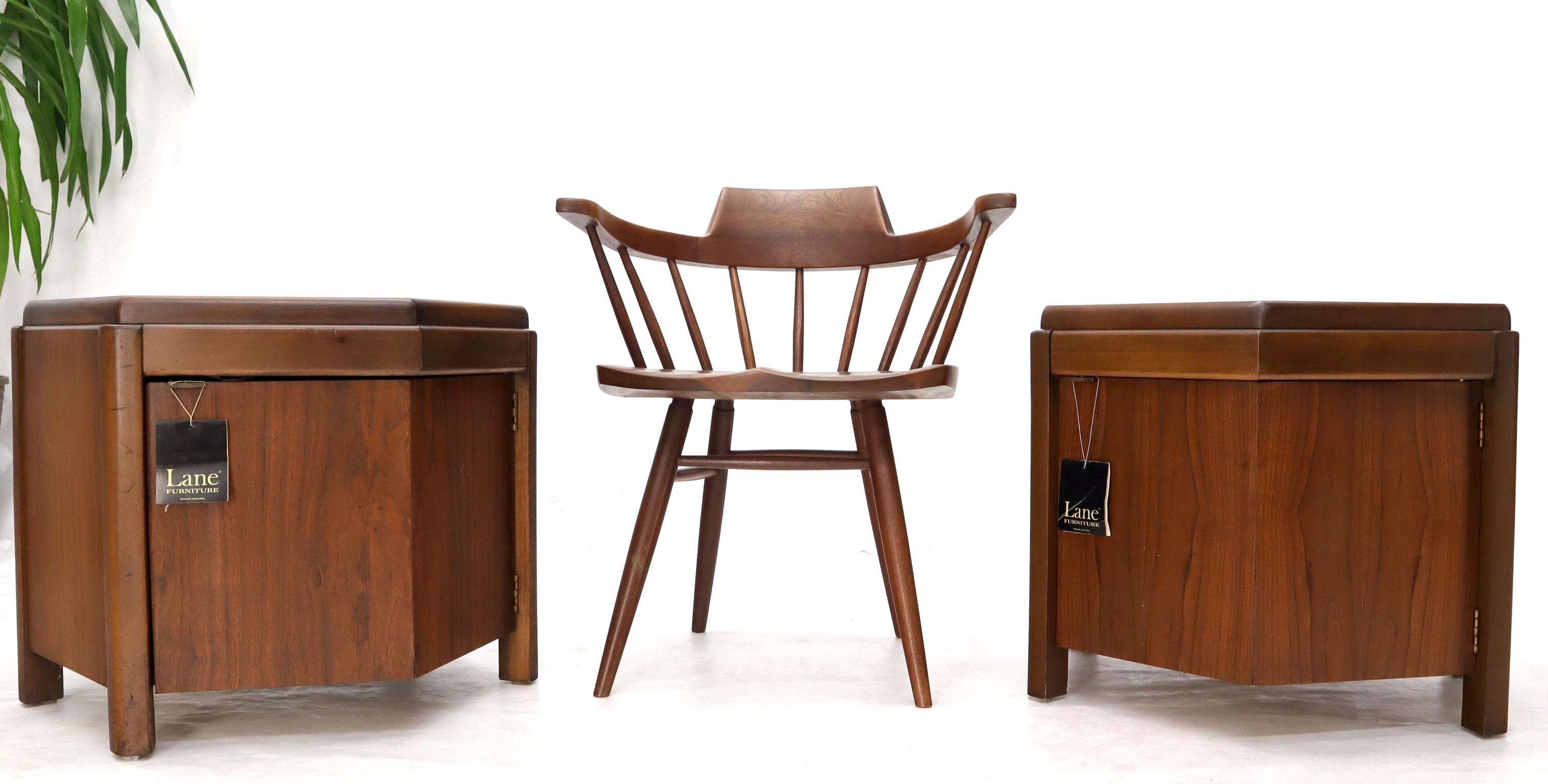 American Pair of Hexagon Walnut End Side Tables w/ One Door Cabinets Storage Compartment For Sale