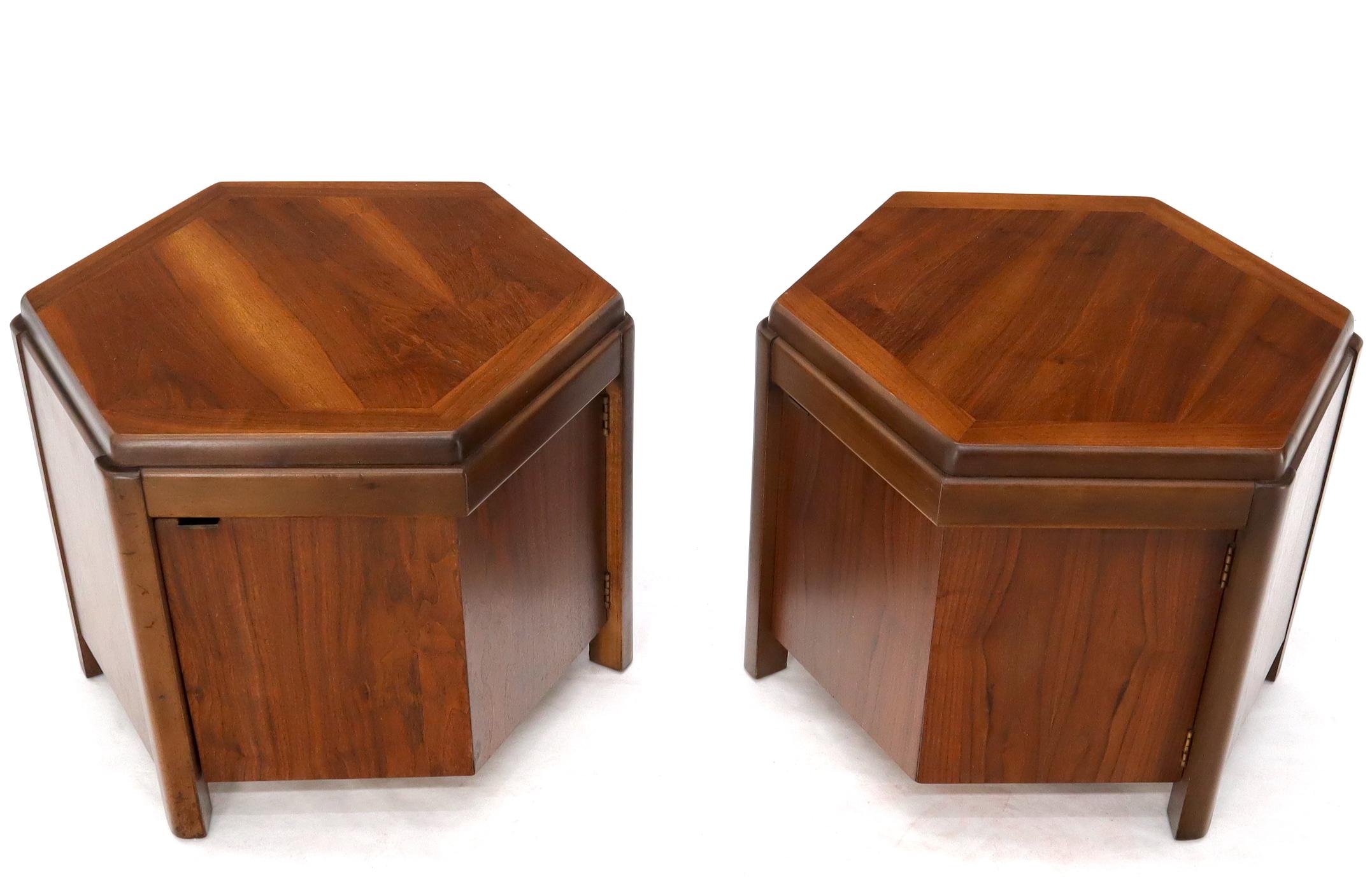 Oiled Pair of Hexagon Walnut End Side Tables w/ One Door Cabinets Storage Compartment For Sale