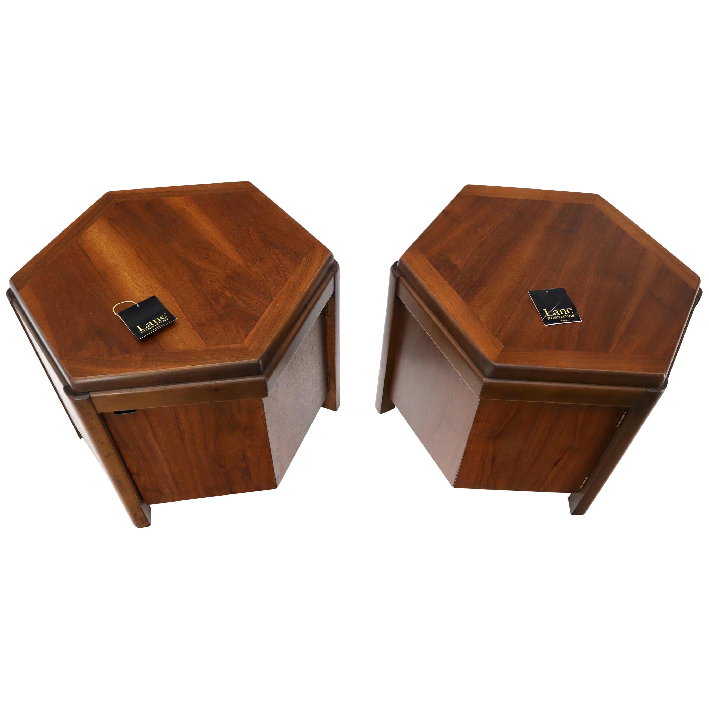 Pair of Hexagon Walnut End Side Tables w/ One Door Cabinets Storage Compartment 
