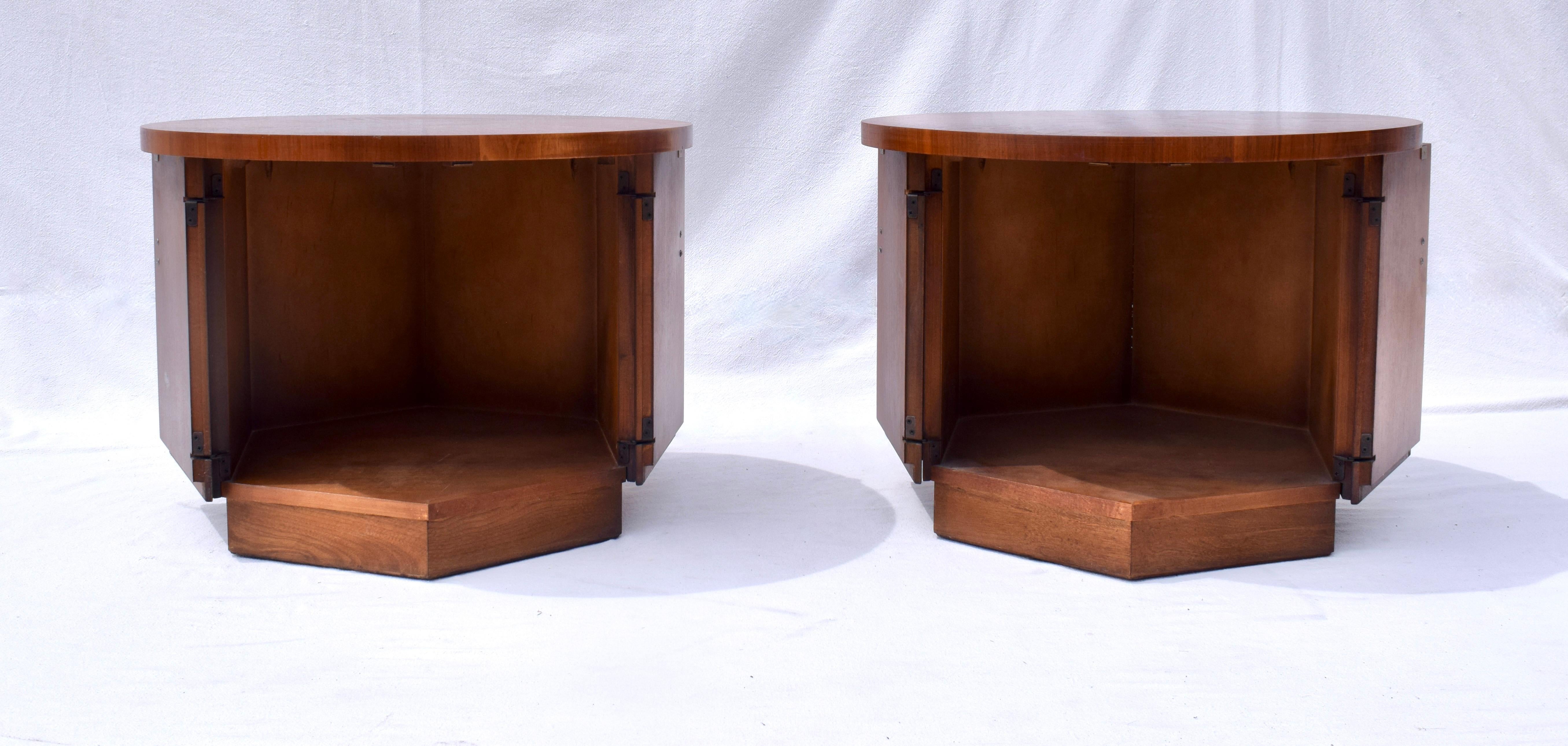 Pair of Mid-Century Modern Hexagonal end side table cabinets by Lane Furniture featuring gorgeous  book matched tops with vibrant walnut grains and two doors allowing for generous storage.