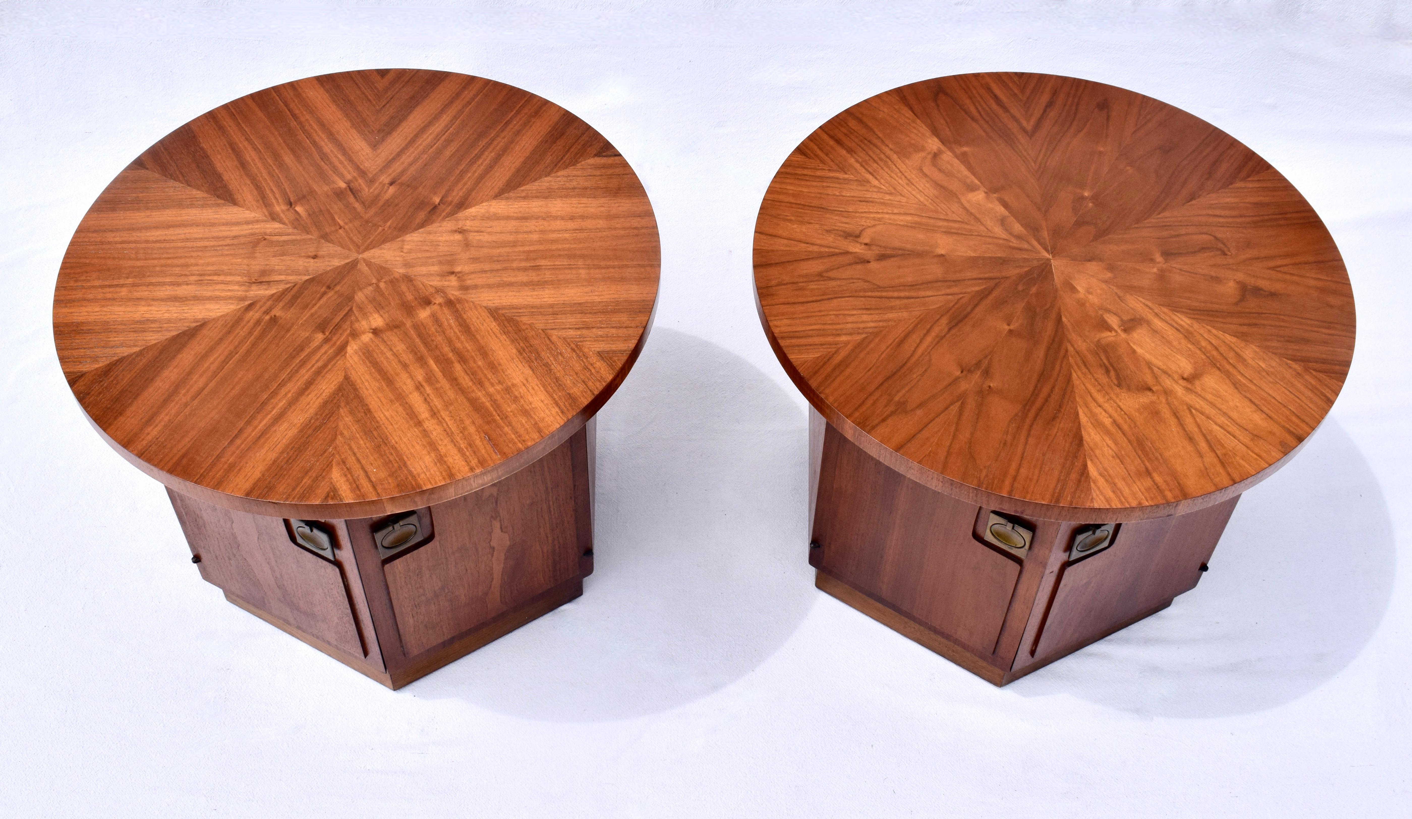 Mid-Century Modern Pair of Hexagon Walnut End Side Tables W/ Two Door Cabinets Storage Compartments For Sale