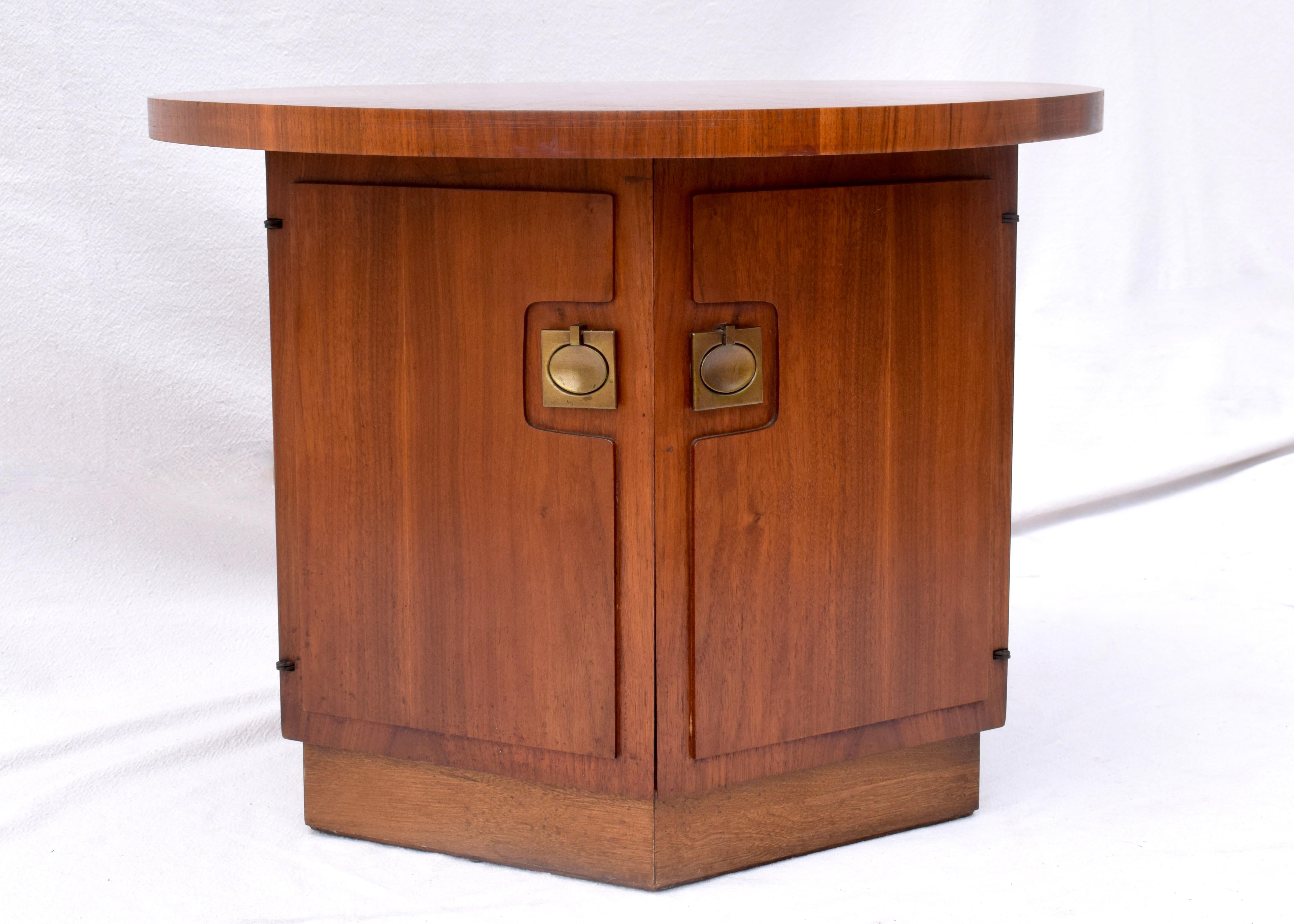 Brass Pair of Hexagon Walnut End Side Tables W/ Two Door Cabinets Storage Compartments For Sale