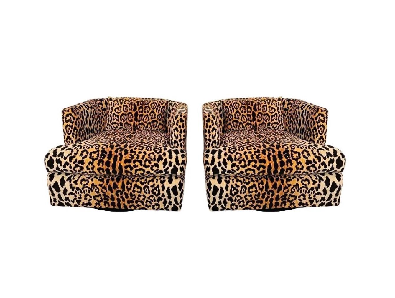 Mid-Century Modern Pair of Hexagonal Barrel Back Chairs in Leopard