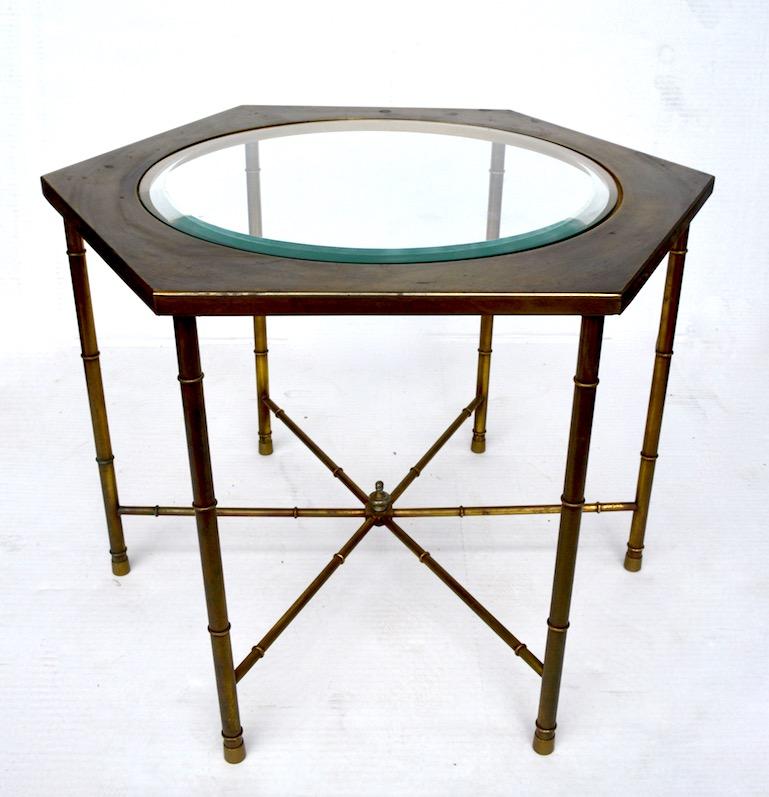 Hollywood Regency Pair of Hexagonal Brass and Glass Tables