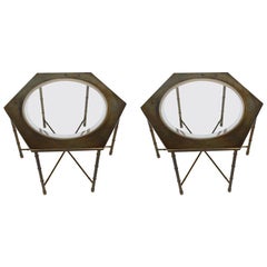 Pair of Hexagonal Brass and Glass Tables