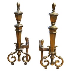 Antique Pair of Hexagonal Brass Andirons