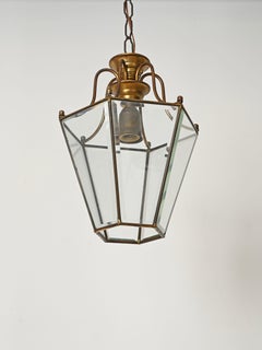 Pair of Hexagonal Brass Beveled Glass Chandeliers After Adolf Loos, Italy 1950s