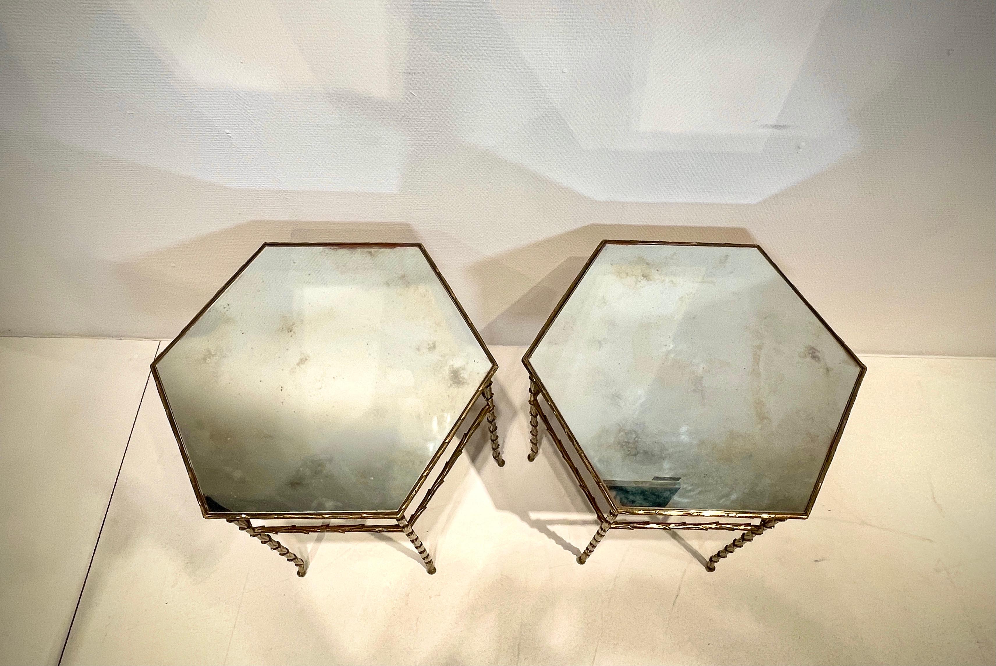 Mid-Century Modern Pair of Hexagonal Bronze Side Tables by Maison Baguès