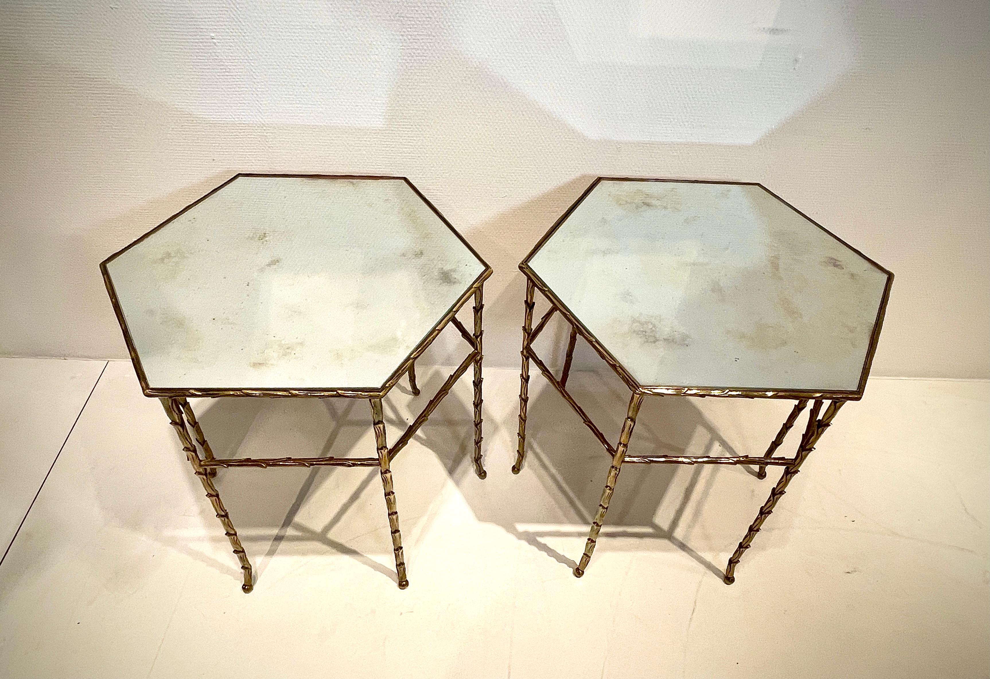 French Pair of Hexagonal Bronze Side Tables by Maison Baguès