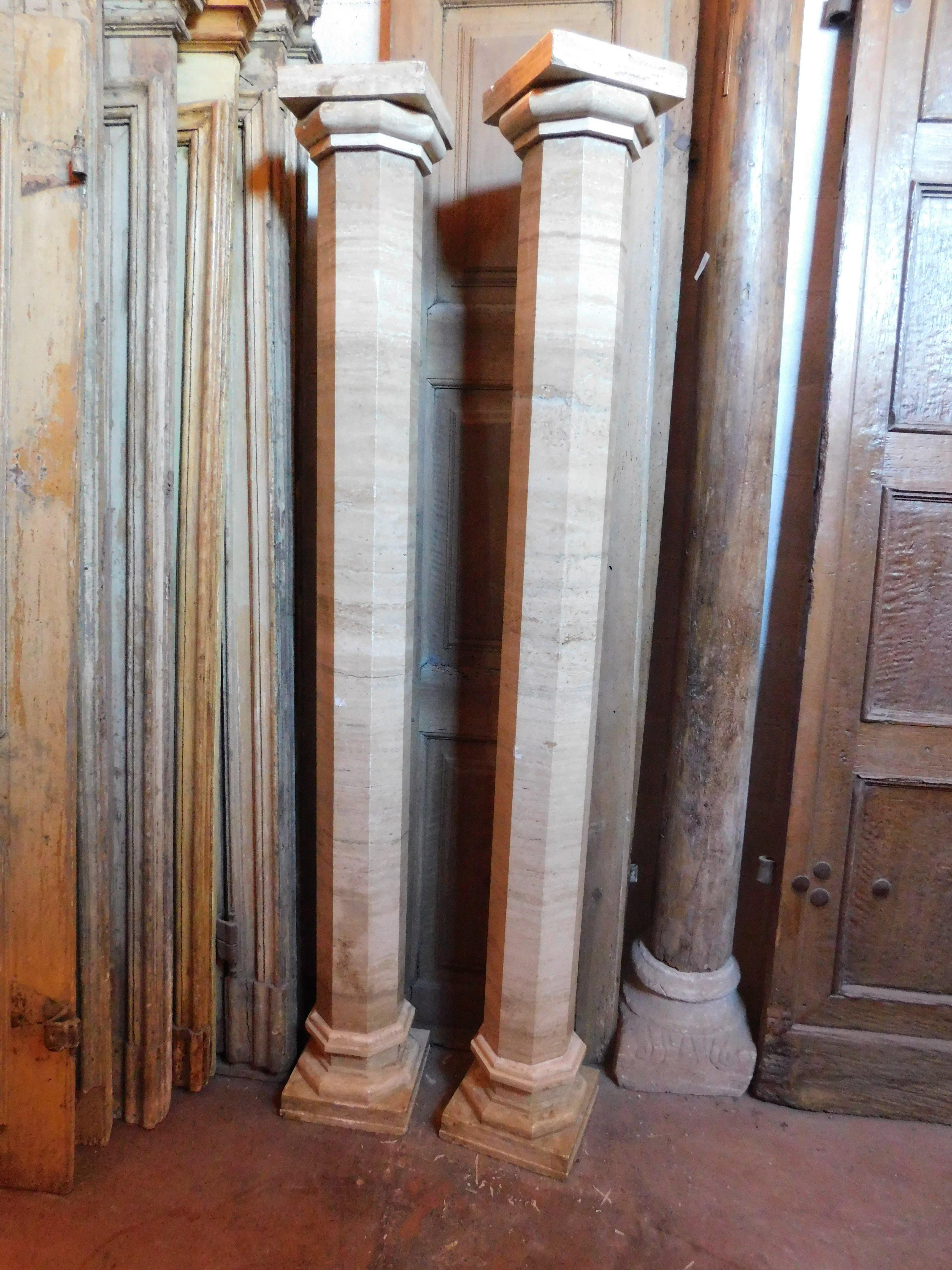 Hand-Carved pair of hexagonal columns in beige marble, Italy For Sale