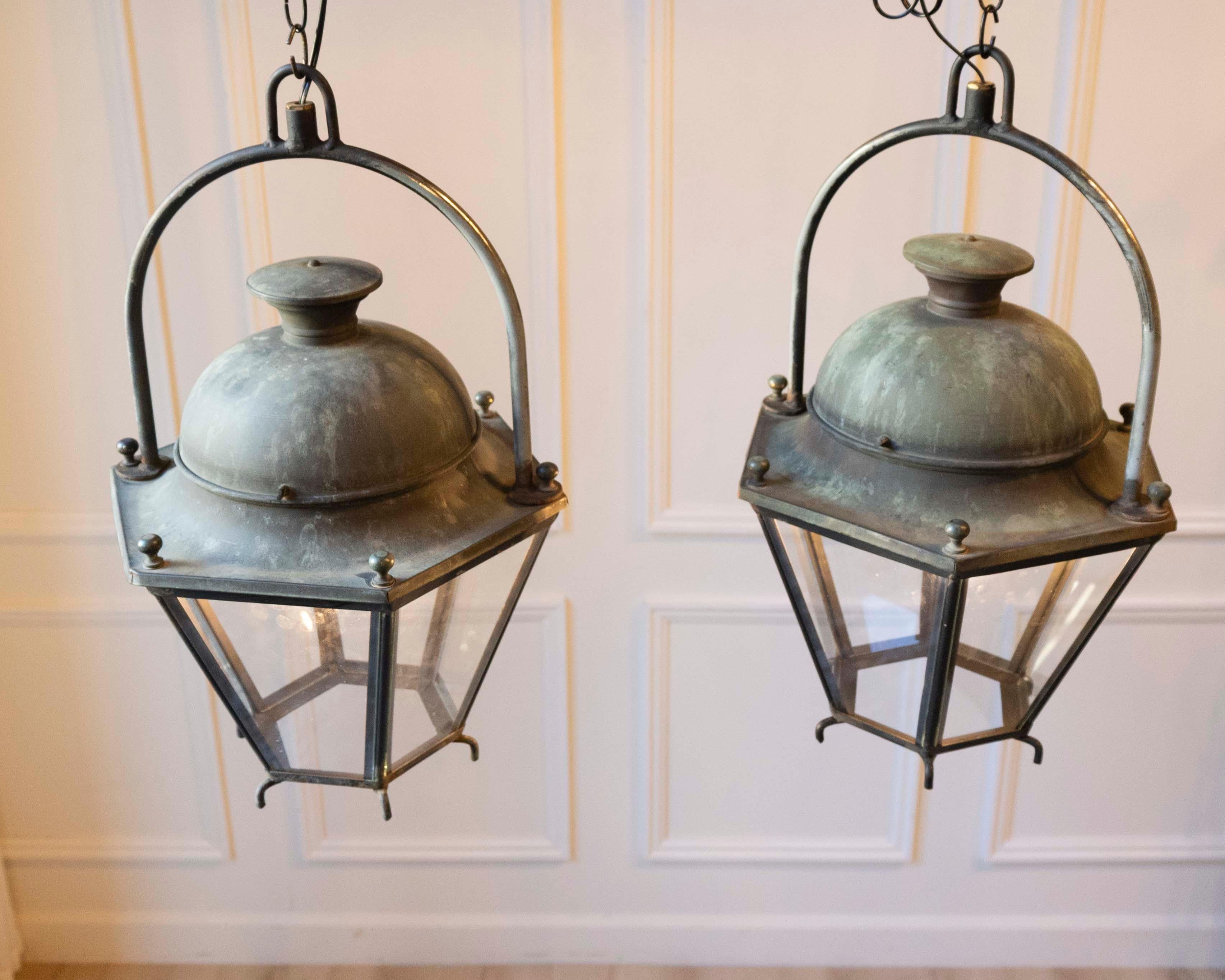 Pair of Hexagonal Copper Lanterns with Domed Tops For Sale 4