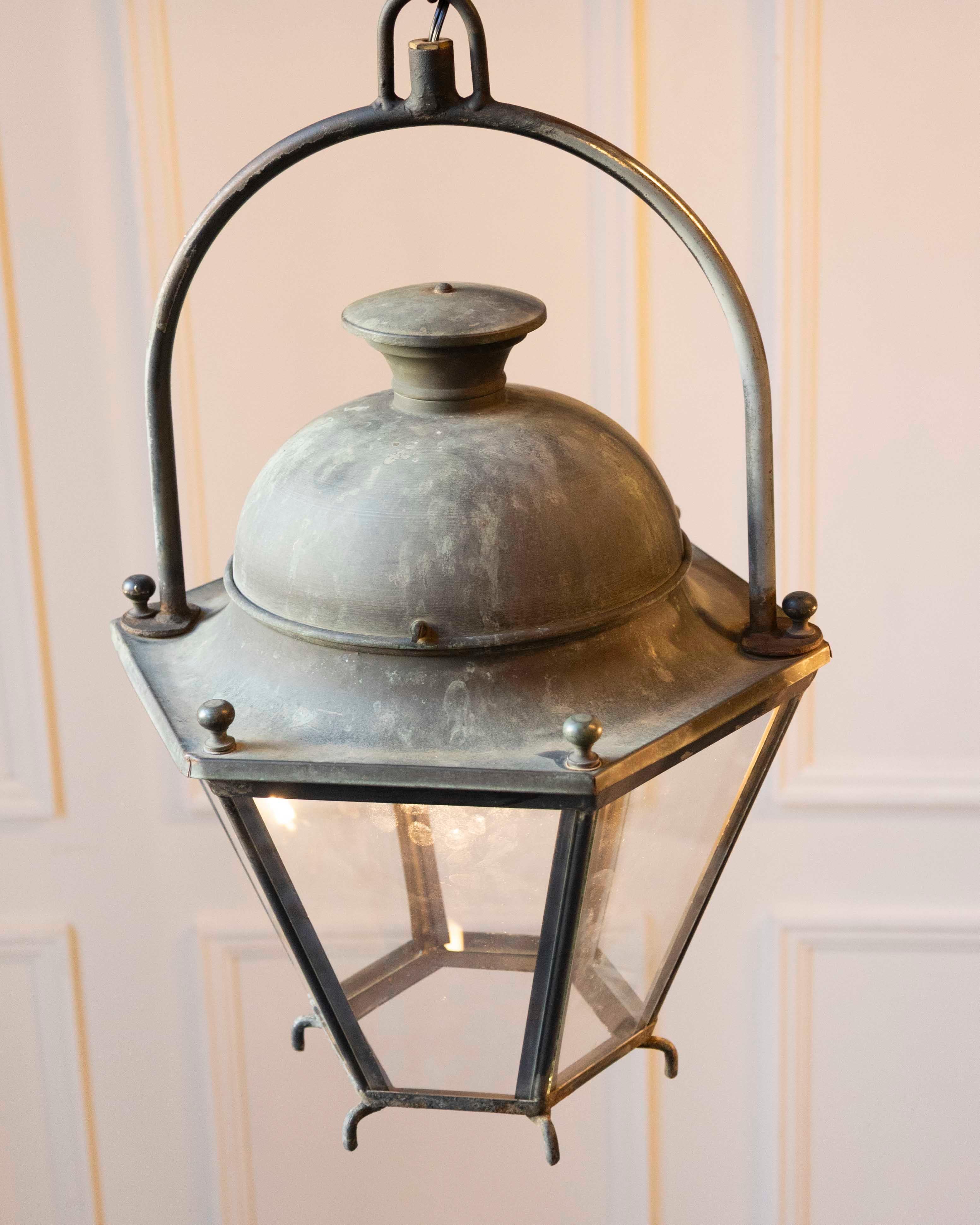 Pair of Hexagonal Copper Lanterns with Domed Tops For Sale 5