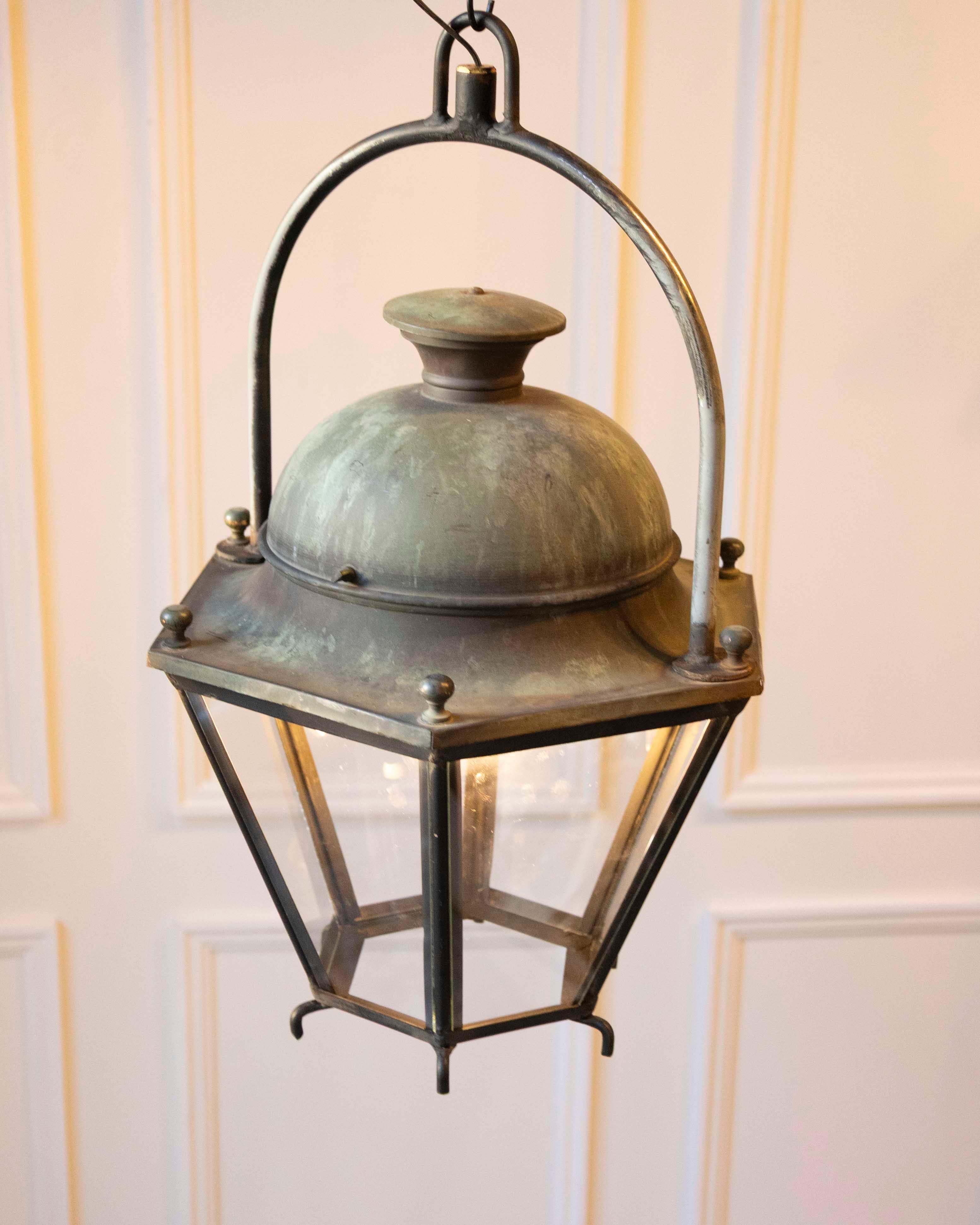 Pair of Hexagonal Copper Lanterns with Domed Tops For Sale 6