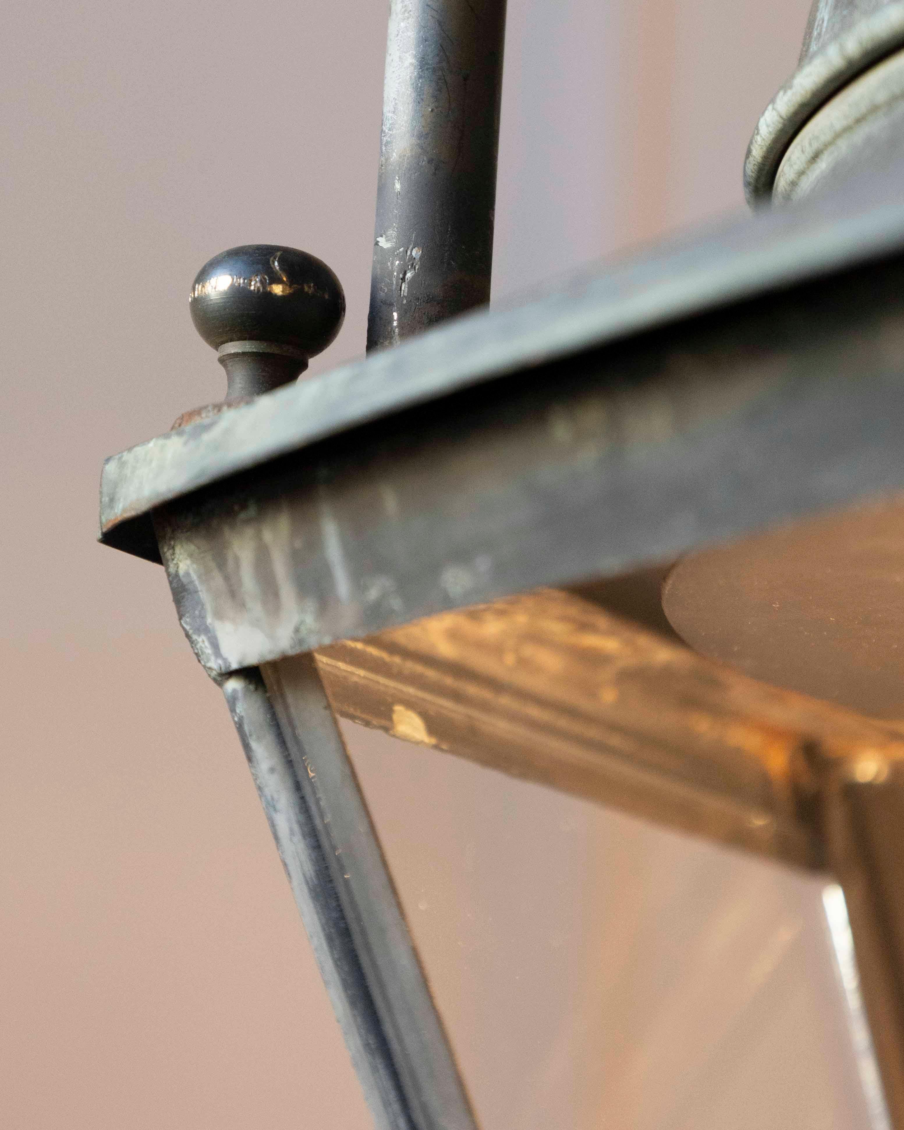 Glass Pair of Hexagonal Copper Lanterns with Domed Tops For Sale