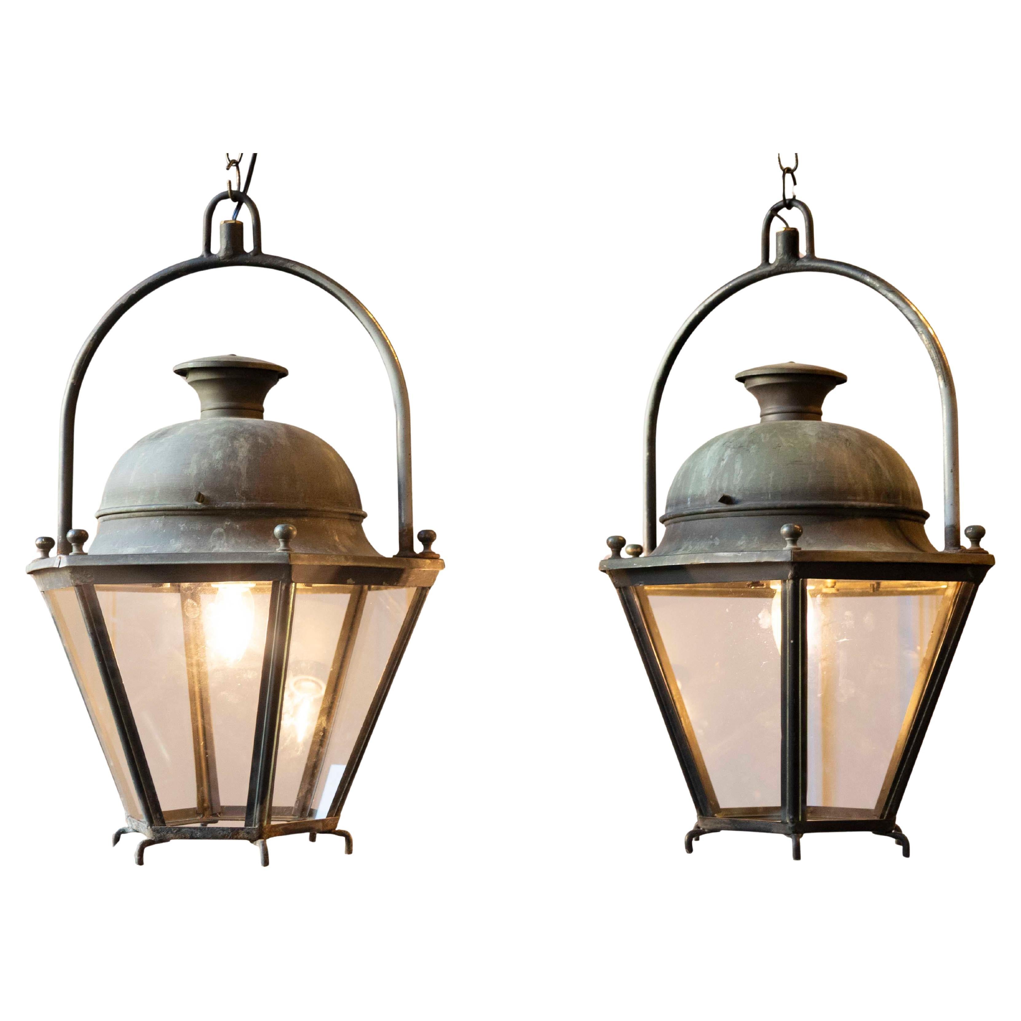 Pair of Hexagonal Copper Lanterns with Domed Tops