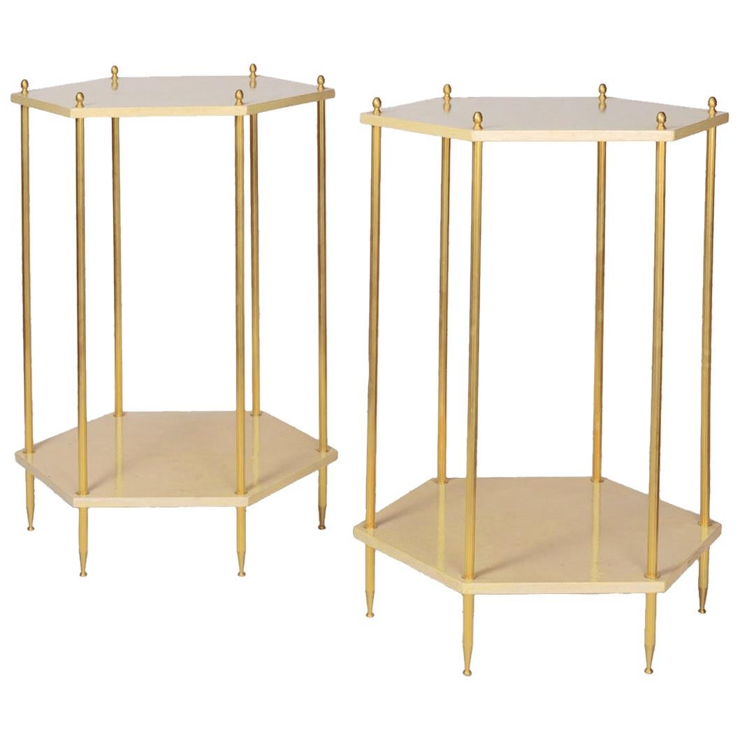 Pair of Hexagonal Cream Lacquered End Tables, Contemporary Work