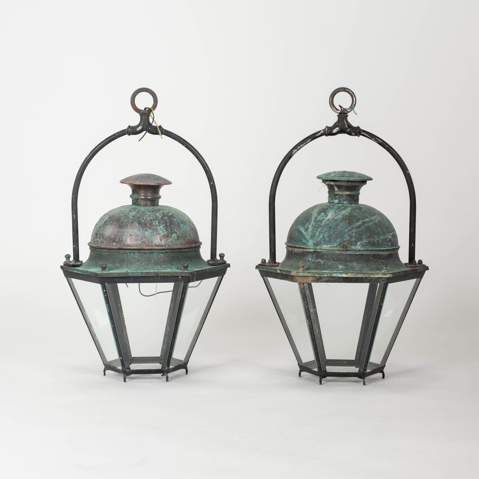Pair of Hexagonal Glass Paneled Domed Verdigris Green Copper Lanterns For Sale 5
