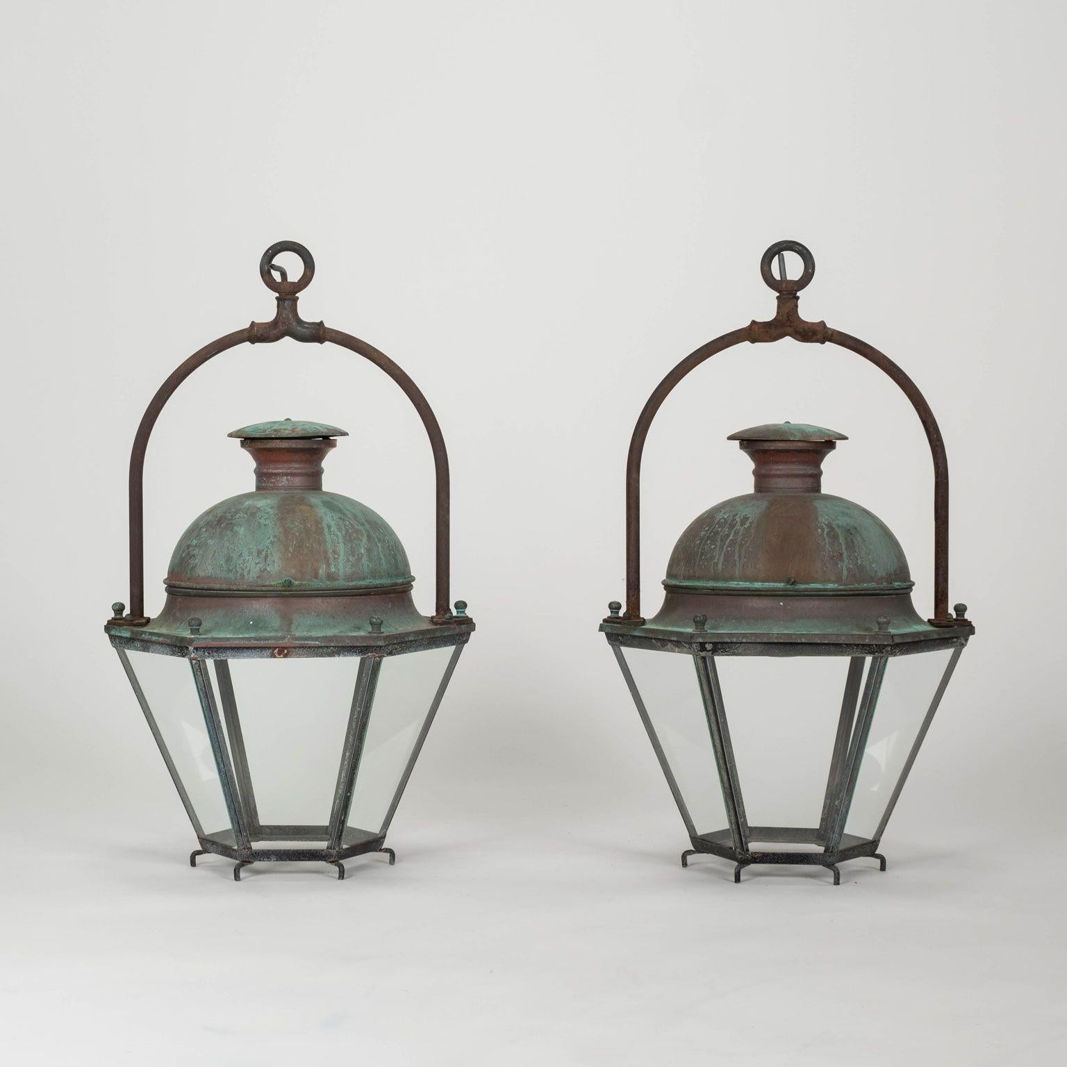 Pair of Hexagonal Glass Paneled Domed Verdigris Green Copper Lanterns 7