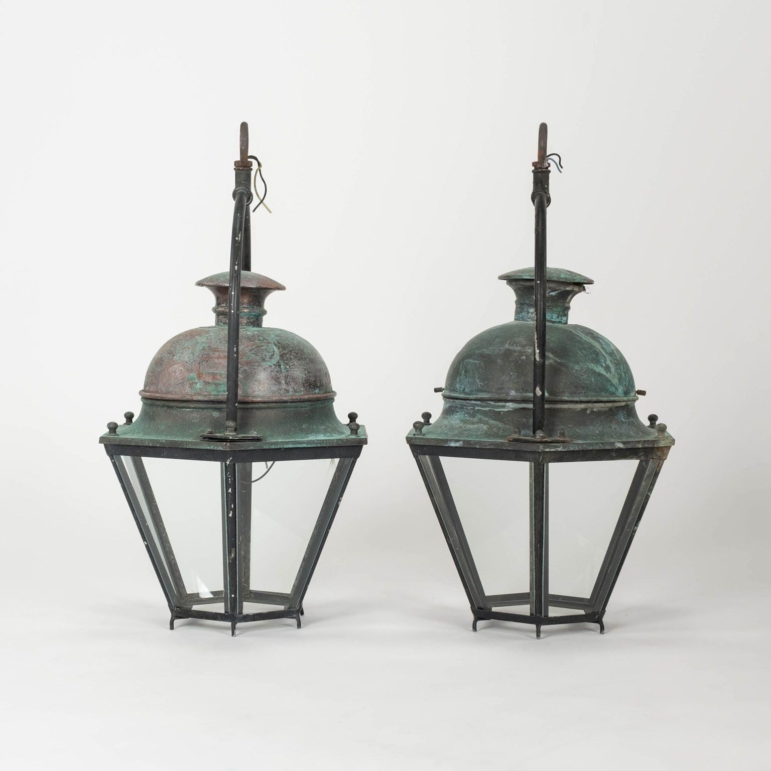 Pair of Hexagonal Glass Paneled Domed Verdigris Green Copper Lanterns For Sale 8