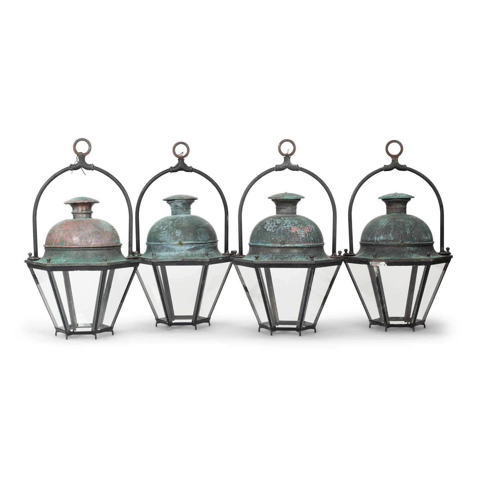 Pair of Hexagonal Glass Paneled Domed Verdigris Green Copper Lanterns For Sale 9