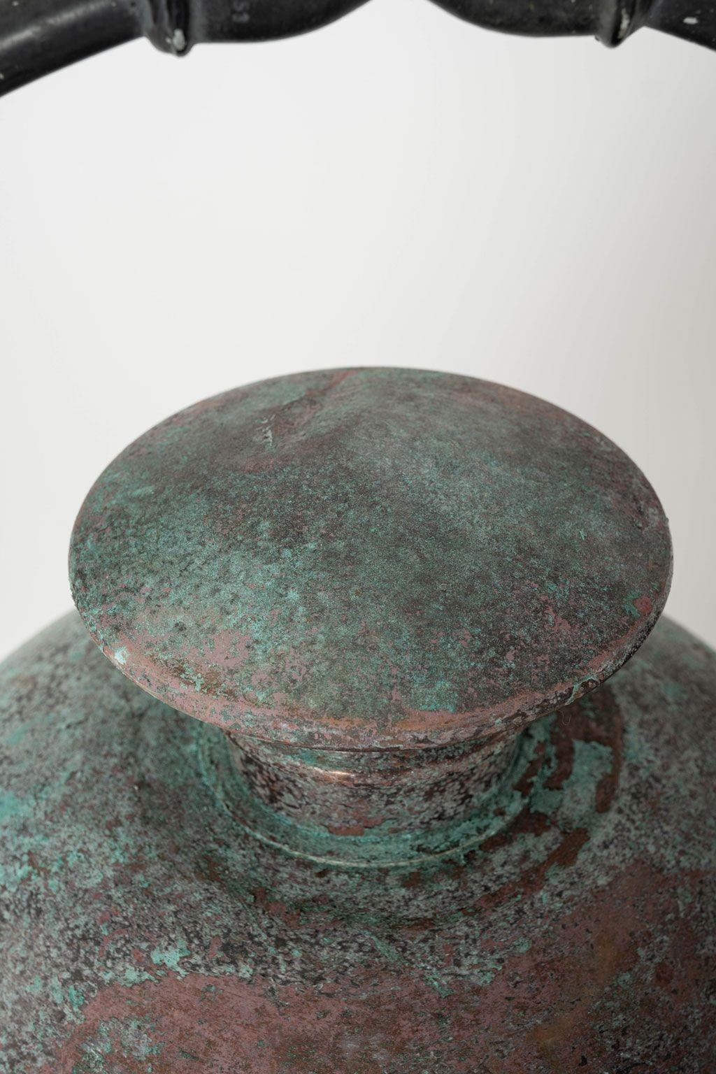 French Provincial Pair of Hexagonal Glass Paneled Domed Verdigris Green Copper Lanterns For Sale