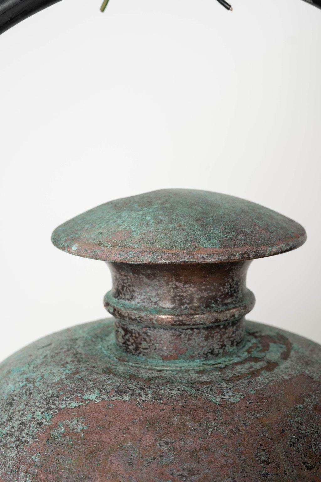 French Pair of Hexagonal Glass Paneled Domed Verdigris Green Copper Lanterns For Sale