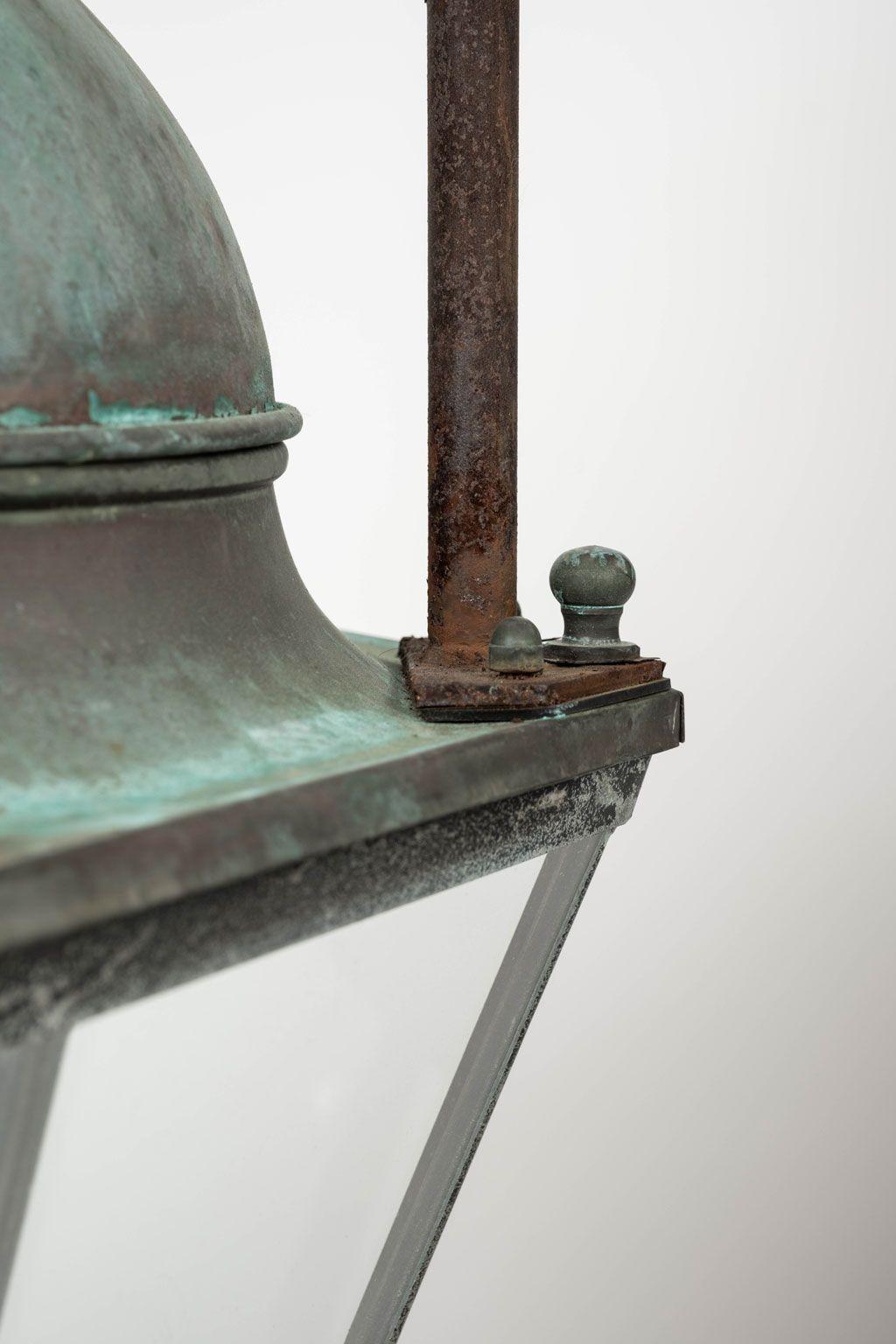 French Pair of Hexagonal Glass Paneled Domed Verdigris Green Copper Lanterns