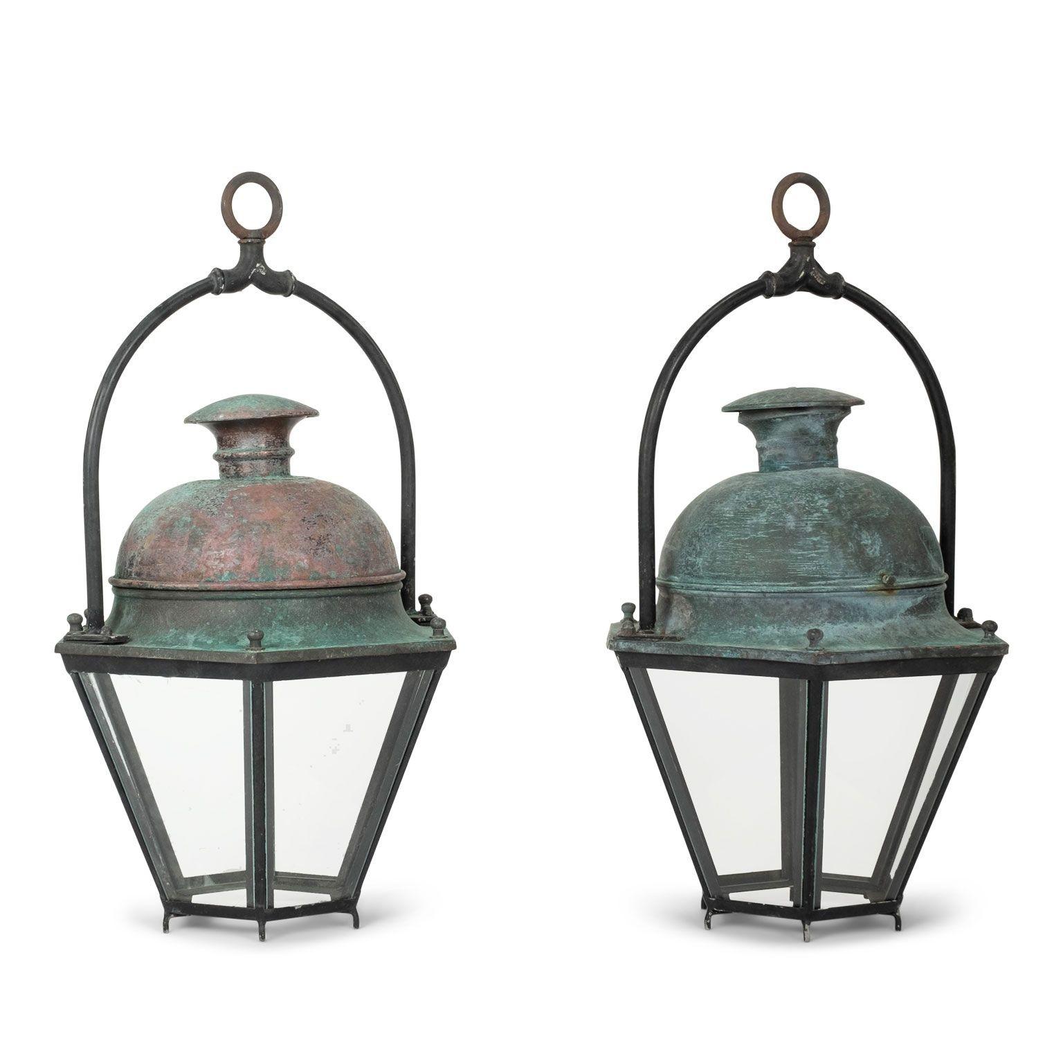 Pair of Hexagonal Glass Paneled Domed Verdigris Green Copper Lanterns In Good Condition For Sale In Houston, TX
