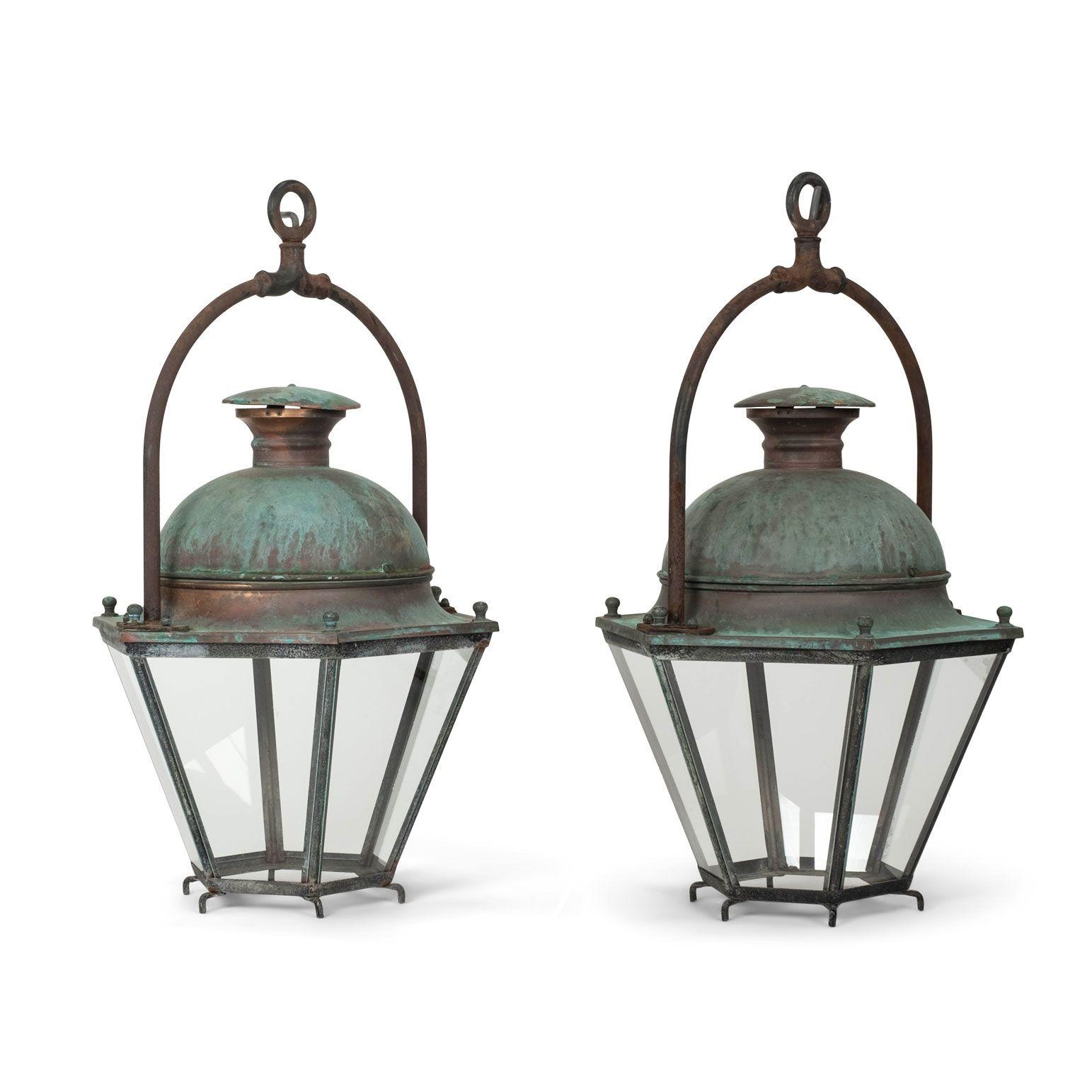 Pair of Hexagonal Glass Paneled Domed Verdigris Green Copper Lanterns In Good Condition In Houston, TX