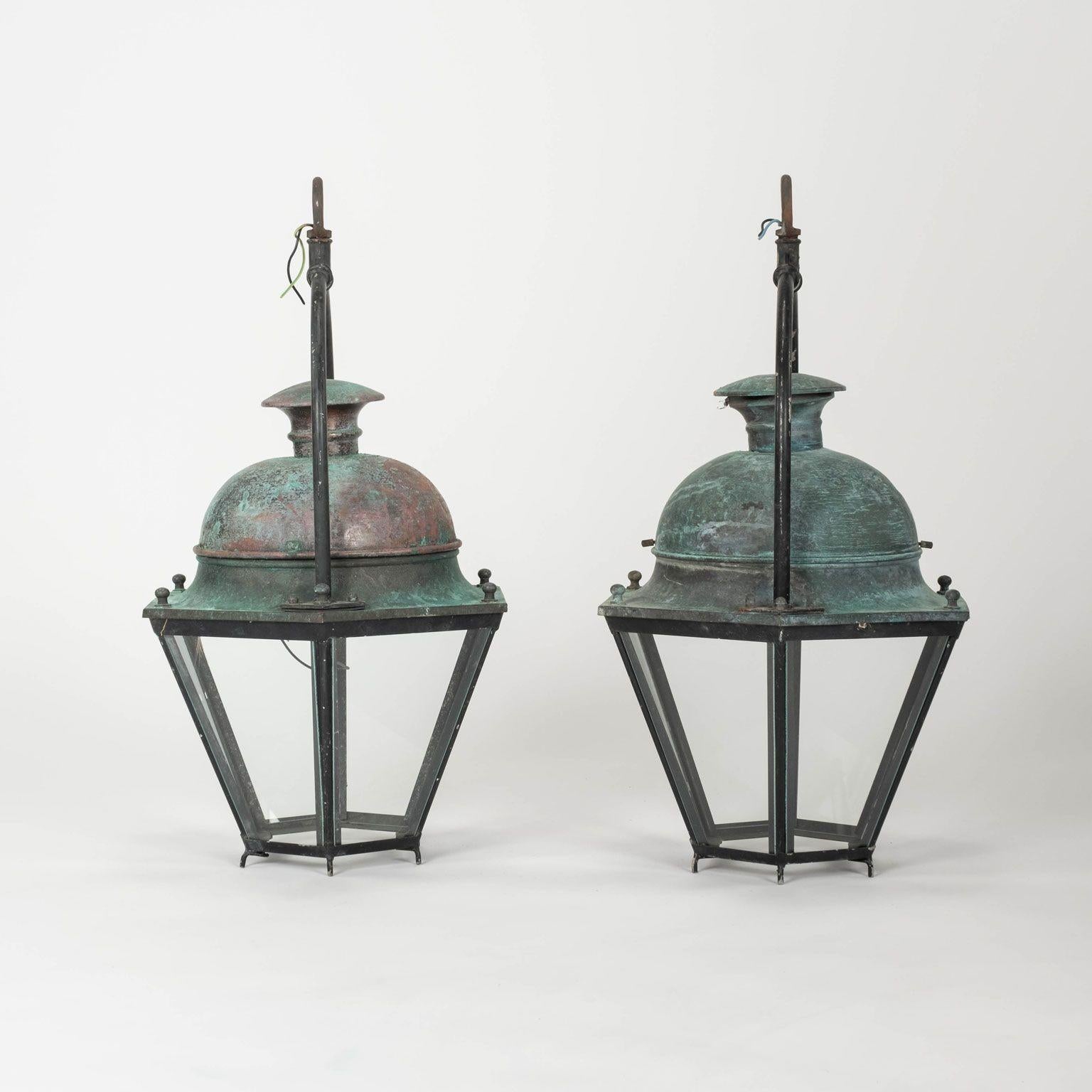 20th Century Pair of Hexagonal Glass Paneled Domed Verdigris Green Copper Lanterns For Sale