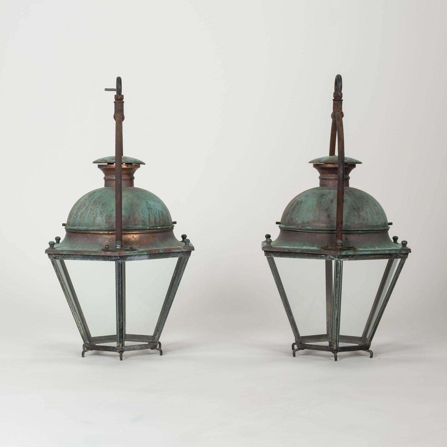 Pair of Hexagonal Glass Paneled Domed Verdigris Green Copper Lanterns 2
