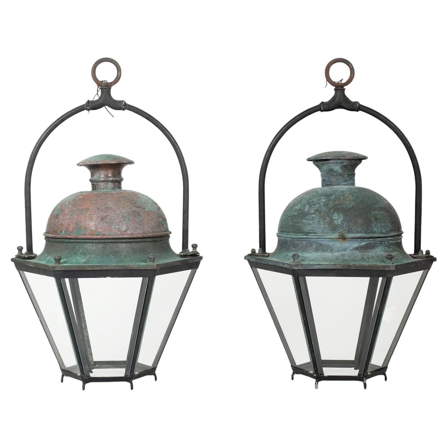 Pair of Hexagonal Glass Paneled Domed Verdigris Green Copper Lanterns