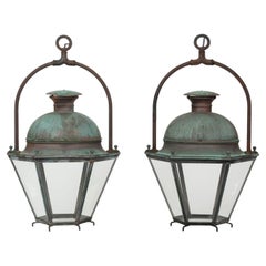 Pair of Hexagonal Glass Paneled Domed Verdigris Green Copper Lanterns
